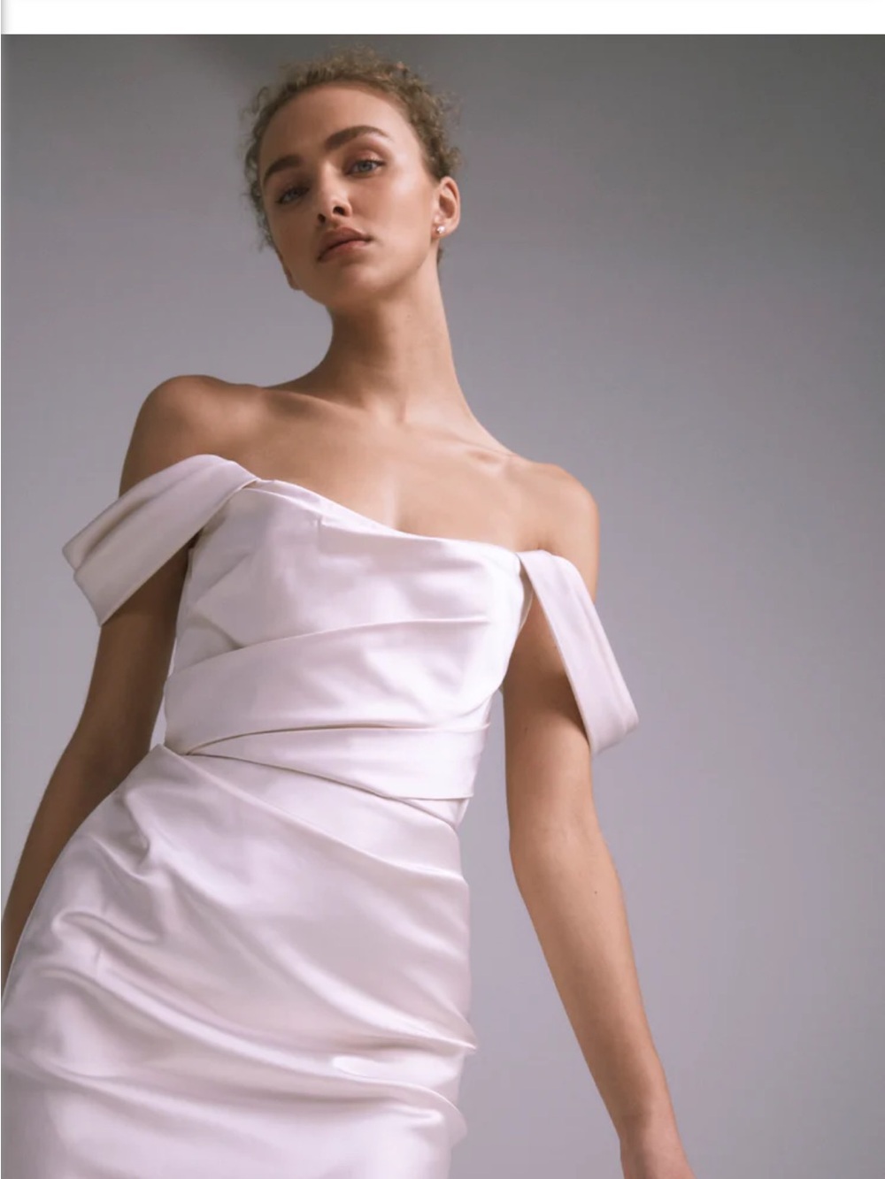 Off-Shoulder Satin Sheath Dress in Blush Ivory - Amsale